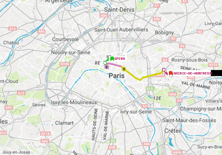 plan itinéraire ratp de Opéra à Mairie de Montreuil
