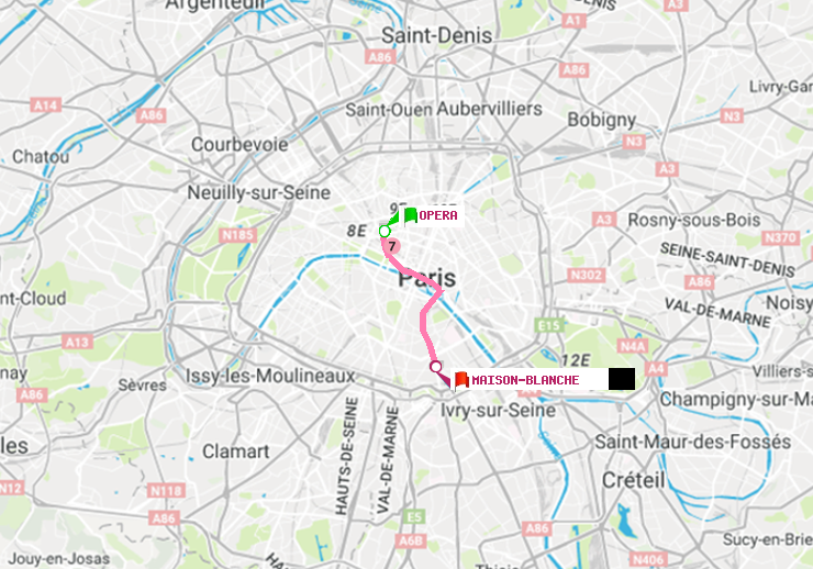 plan itinéraire ratp de Opéra à Maison Blanche