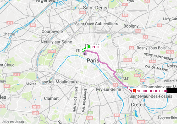 plan itinéraire ratp de Opéra à Maisons-Alfort-Stade