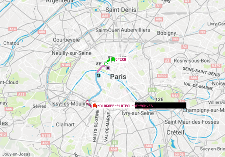 plan itinéraire ratp de Opéra à Malakoff-Plateau de Vanves