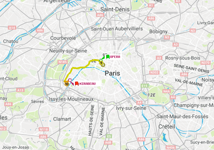 plan itinéraire ratp de Opéra à Mirabeau