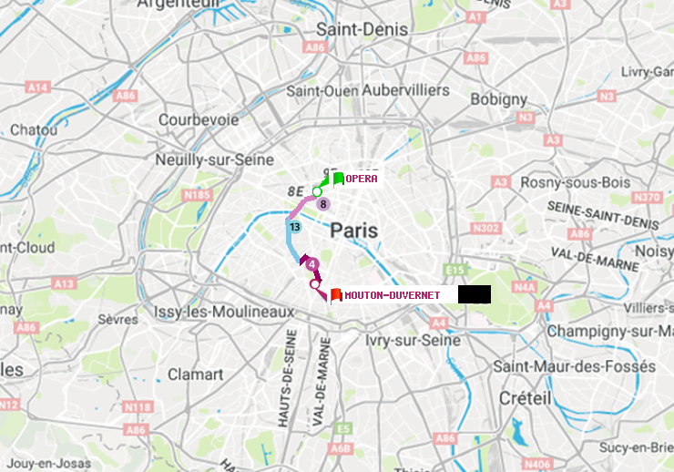 plan itinéraire ratp de Opéra à Mouton-Duvernet
