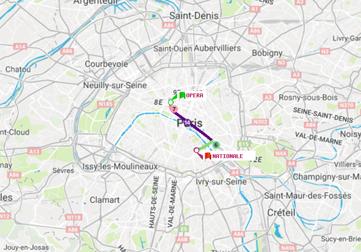 plan itinéraire ratp de Opéra à Nationale