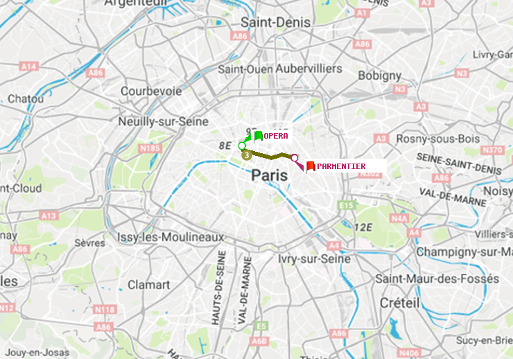 plan itinéraire ratp de Opéra à Parmentier