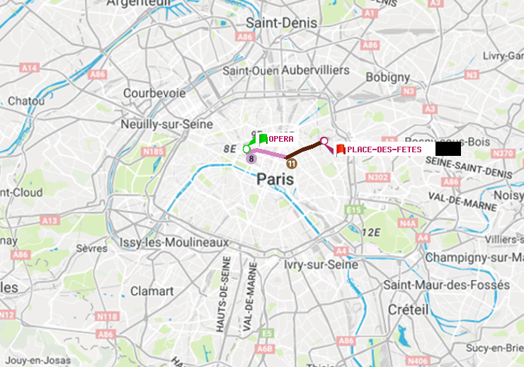 plan itinéraire ratp de Opéra à Place des Fêtes