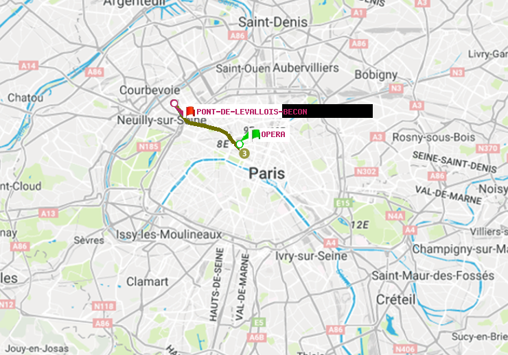 plan itinéraire ratp de Opéra à Pont de Levallois-Bécon