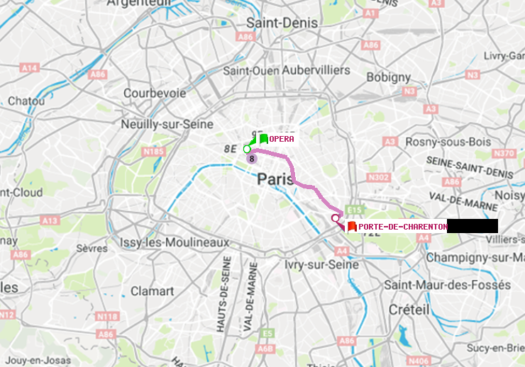 plan itinéraire ratp de Opéra à Porte de Charenton