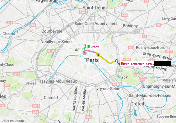plan itinéraire ratp de Opéra à Porte de Montreuil