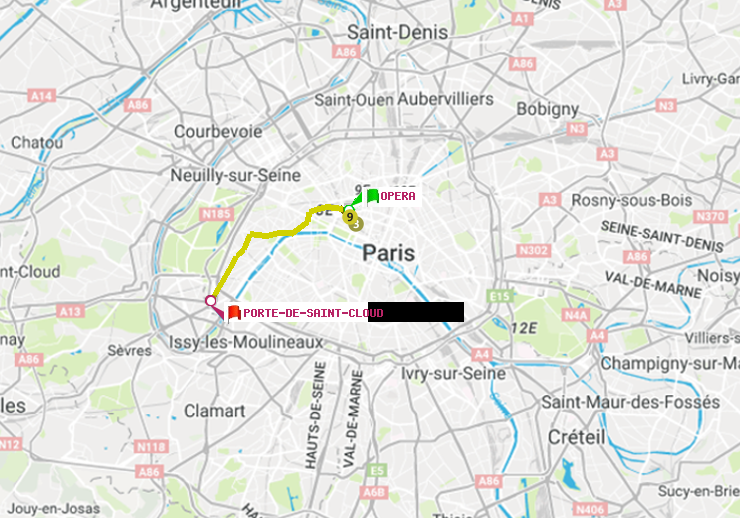 plan itinéraire ratp de Opéra à Porte de Saint-Cloud