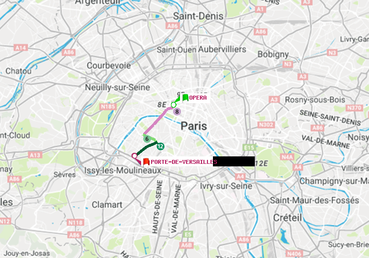 plan itinéraire ratp de Opéra à Porte de Versailles
