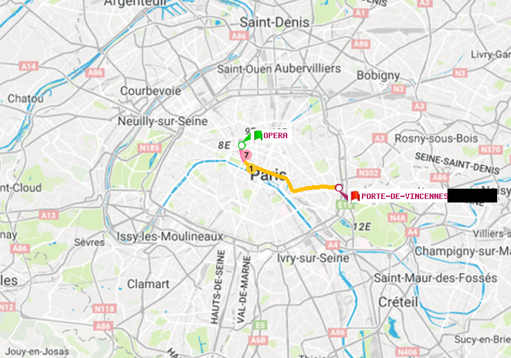 plan itinéraire ratp de Opéra à Porte de Vincennes