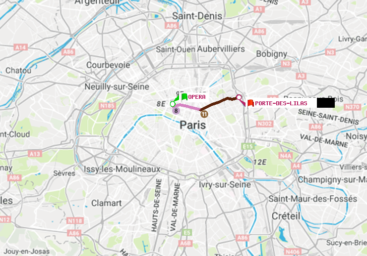 plan itinéraire ratp de Opéra à Porte des Lilas