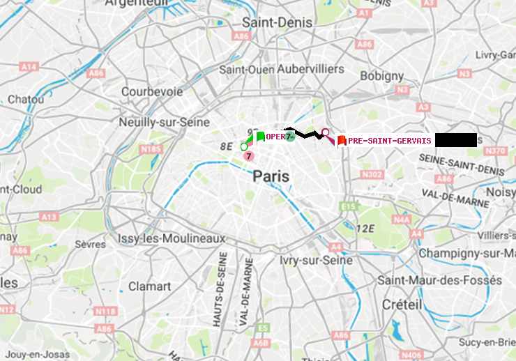 plan itinéraire ratp de Opéra à Pré-Saint-Gervais