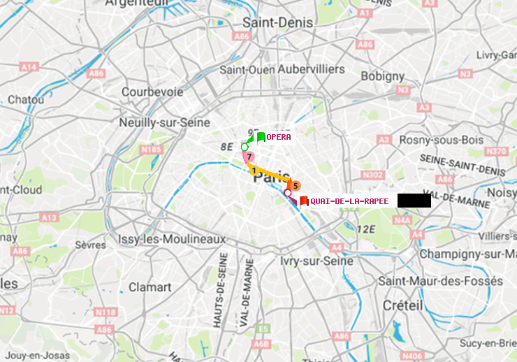 plan itinéraire ratp de Opéra à Quai de la Rapée