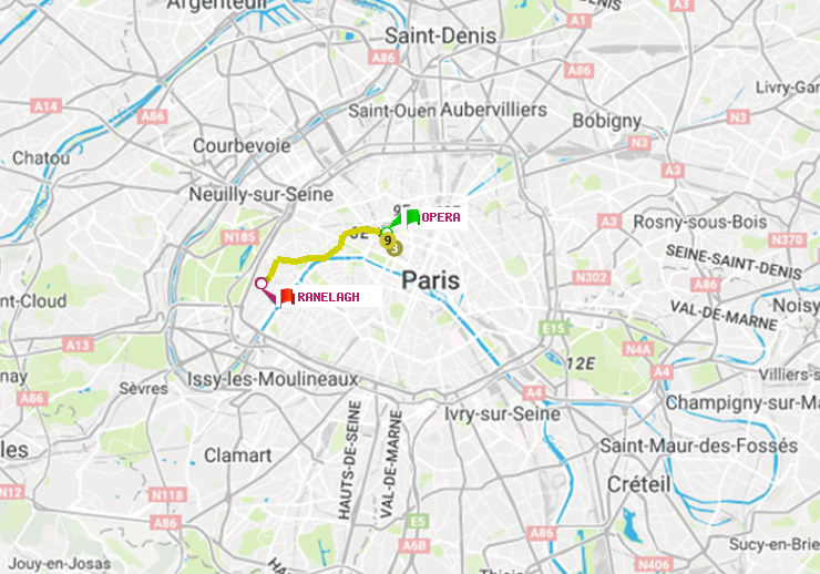 plan itinéraire ratp de Opéra à Ranelagh
