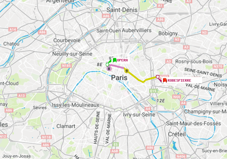 plan itinéraire ratp de Opéra à Robespierre