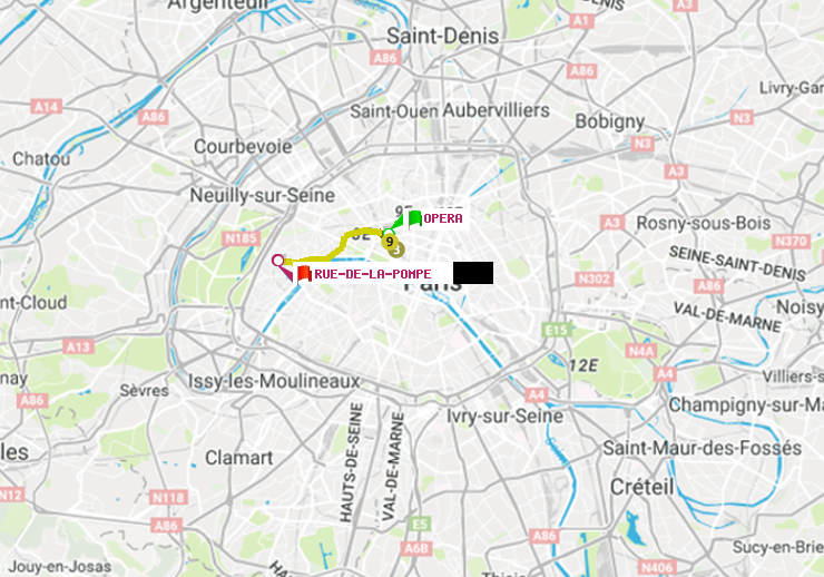plan itinéraire ratp de Opéra à Rue de la Pompe (Avenue Georges Mandel)
