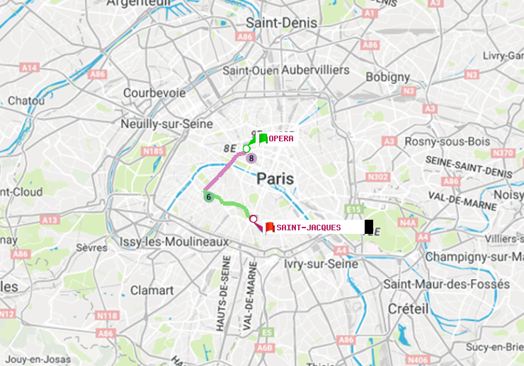 plan itinéraire ratp de Opéra à Saint-Jacques