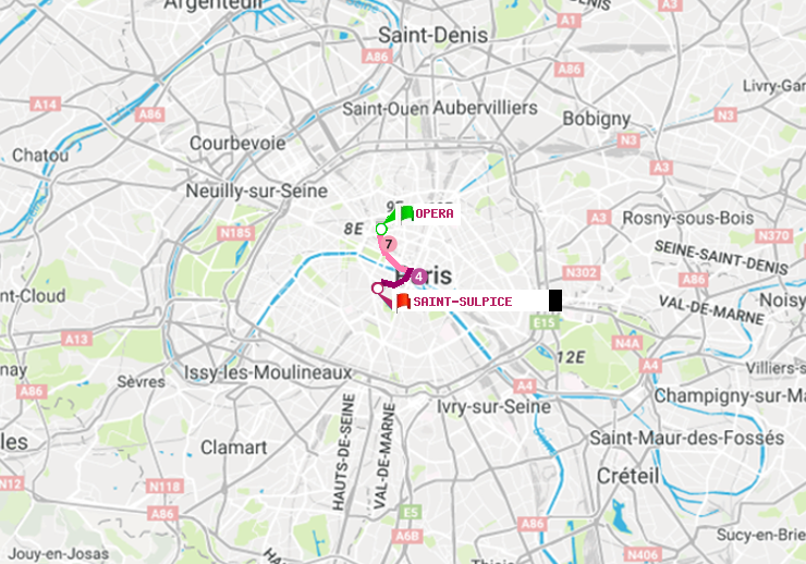 plan itinéraire ratp de Opéra à Saint-Sulpice
