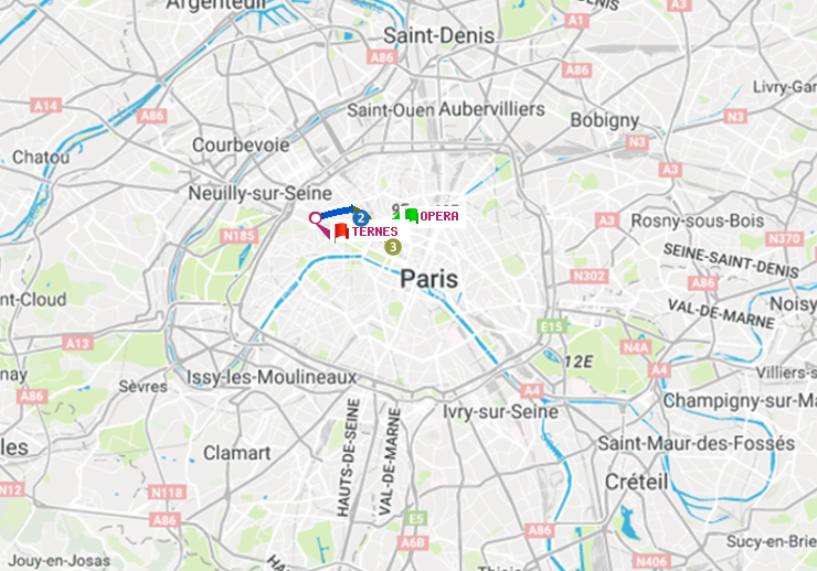 plan itinéraire ratp de Opéra à Ternes