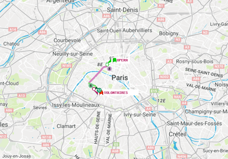 plan itinéraire ratp de Opéra à Volontaires