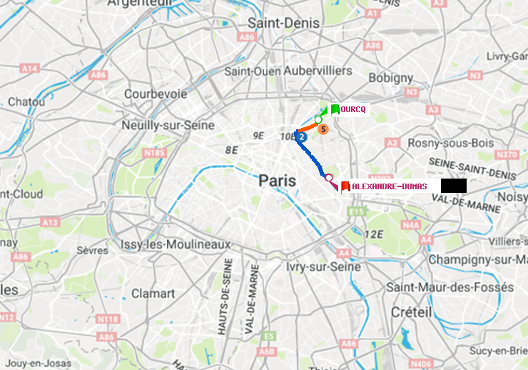 plan itinéraire ratp de Ourcq à Alexandre-Dumas