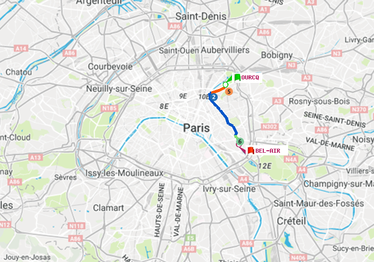 plan itinéraire ratp de Ourcq à Bel-Air