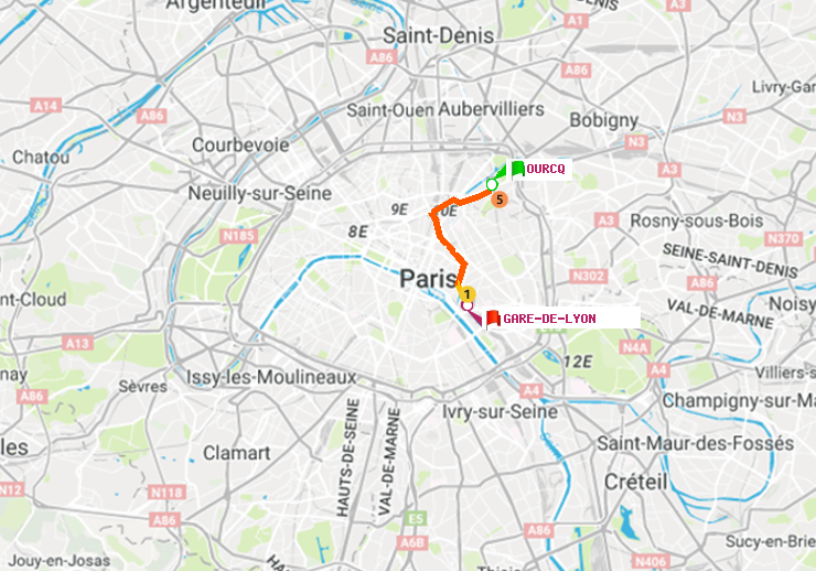 plan itinéraire ratp de Ourcq à Gare de Lyon