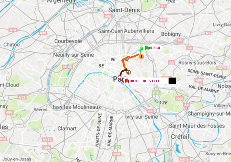 plan itinéraire ratp de Ourcq à Hôtel de Ville