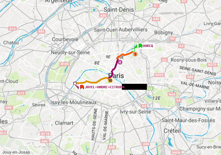 plan itinéraire ratp de Ourcq à Javel-André-Citroen