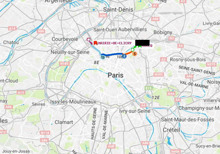 plan itinéraire ratp de Ourcq à Mairie de Clichy