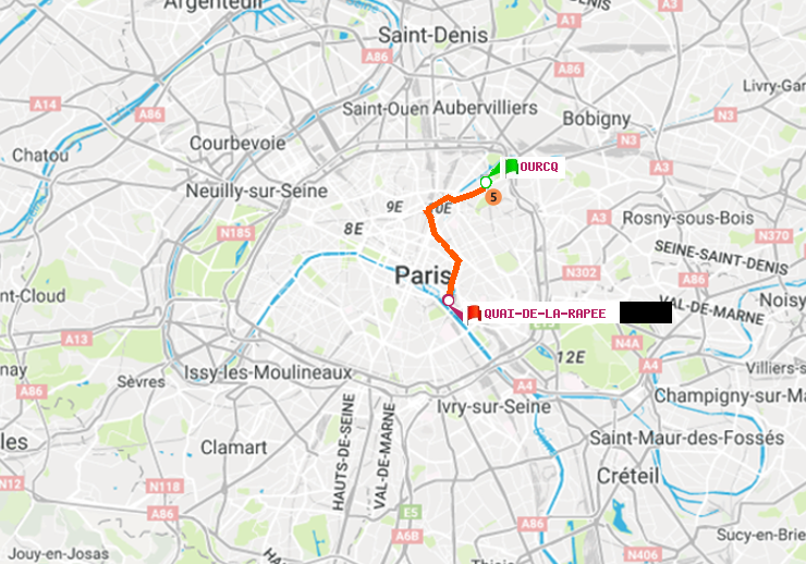 plan itinéraire ratp de Ourcq à Quai de la Rapée