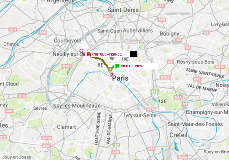 plan itinéraire ratp de Palais-Royal (Musée du Louvre) à Anatole-France