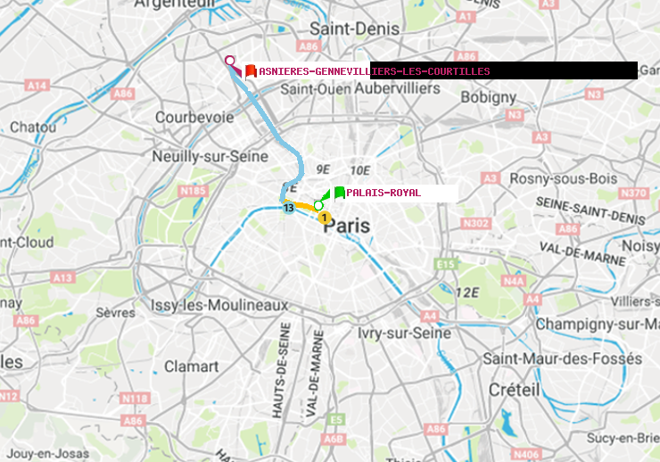 plan itinéraire ratp de Palais-Royal (Musée du Louvre) à Asnieres-Gennevilliers Les Courtilles