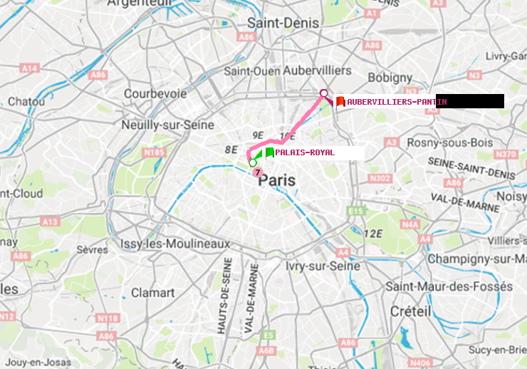 plan itinéraire ratp de Palais-Royal (Musée du Louvre) à Aubervilliers Pantin (4 Chemins)