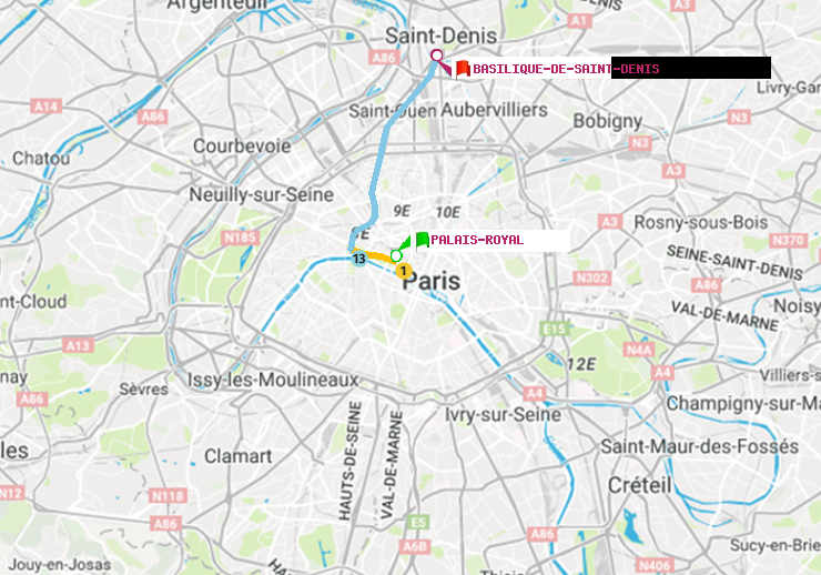 plan itinéraire ratp de Palais-Royal (Musée du Louvre) à Basilique de Saint-Denis