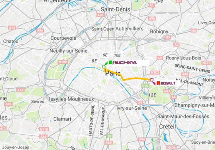 plan itinéraire ratp de Palais-Royal (Musée du Louvre) à Bérault