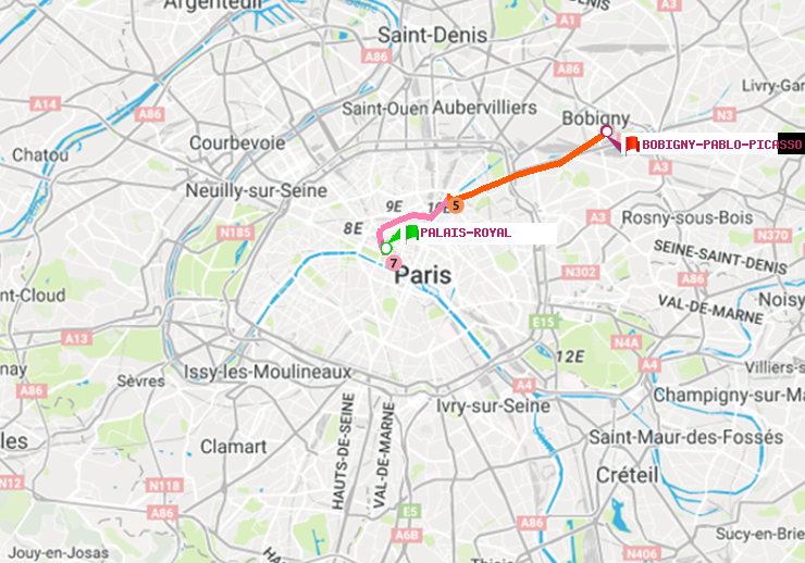 plan itinéraire ratp de Palais-Royal (Musée du Louvre) à Bobigny-Pablo-Picasso