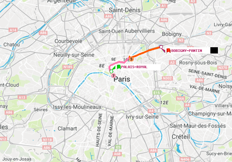 plan itinéraire ratp de Palais-Royal (Musée du Louvre) à Bobigny-Pantin (Raymond Queneau)