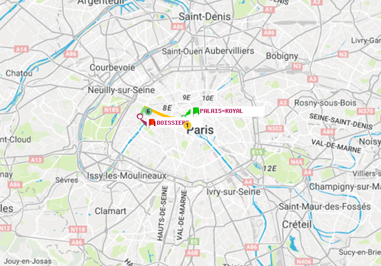 plan itinéraire ratp de Palais-Royal (Musée du Louvre) à Boissière