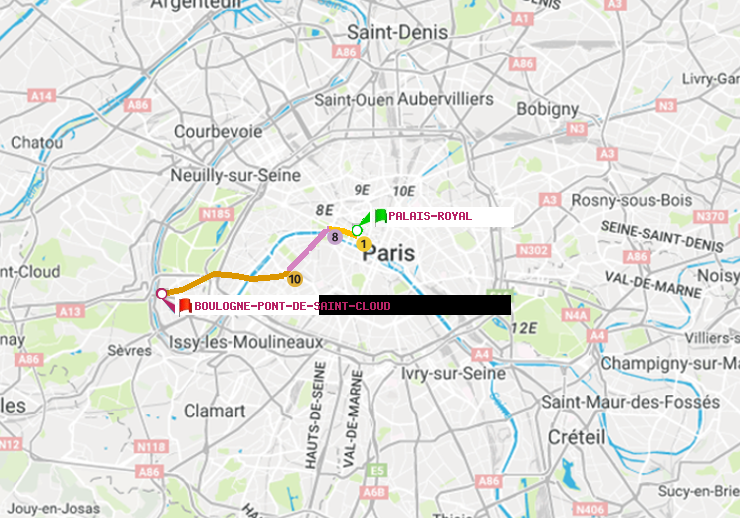 plan itinéraire ratp de Palais-Royal (Musée du Louvre) à Boulogne Pont de Saint-Cloud