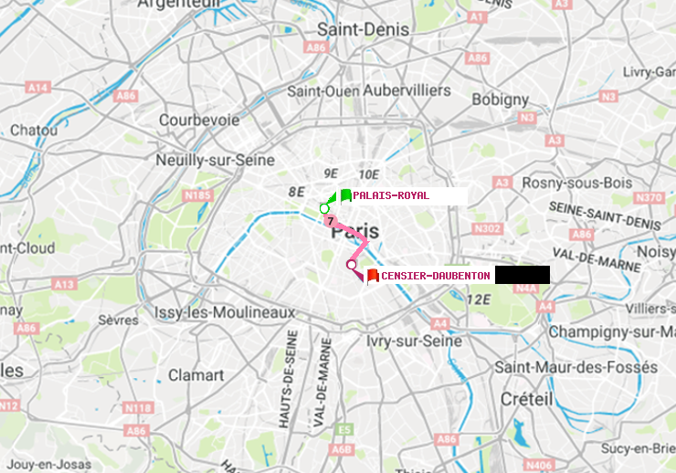 plan itinéraire ratp de Palais-Royal (Musée du Louvre) à Censier-Daubenton