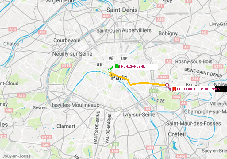 plan itinéraire ratp de Palais-Royal (Musée du Louvre) à Château de Vincennes