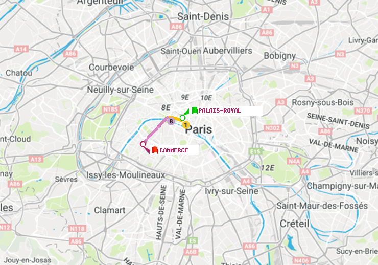 plan itinéraire ratp de Palais-Royal (Musée du Louvre) à Commerce