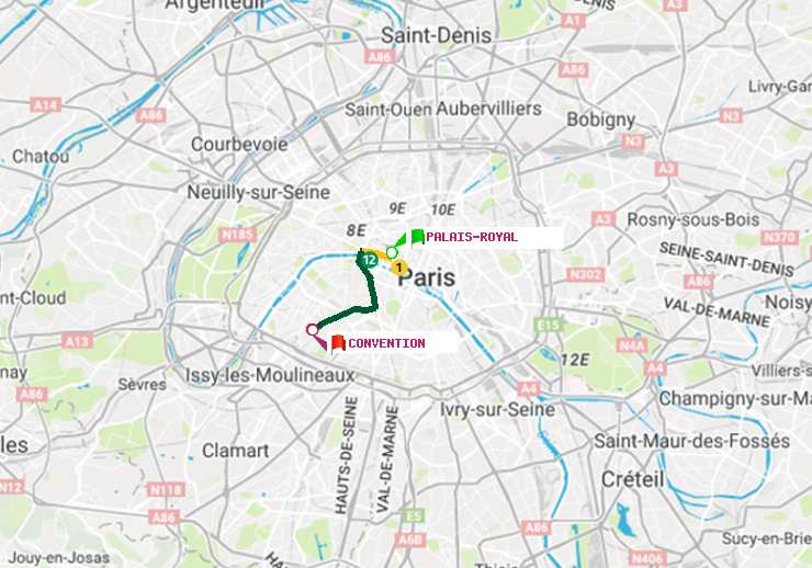plan itinéraire ratp de Palais-Royal (Musée du Louvre) à Convention