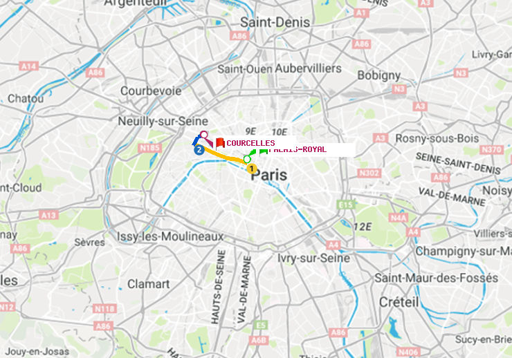 plan itinéraire ratp de Palais-Royal (Musée du Louvre) à Courcelles