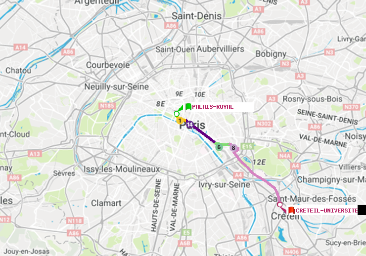plan itinéraire ratp de Palais-Royal (Musée du Louvre) à Créteil-Université