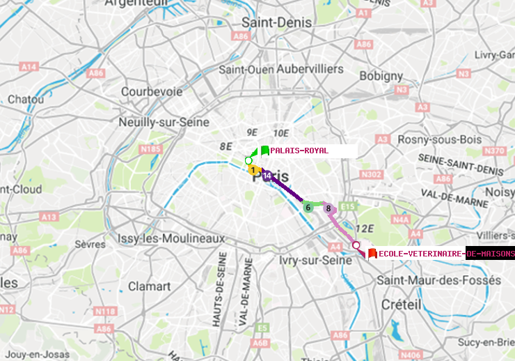 plan itinéraire ratp de Palais-Royal (Musée du Louvre) à Ecole Vétérinaire de Maisons-Alfort
