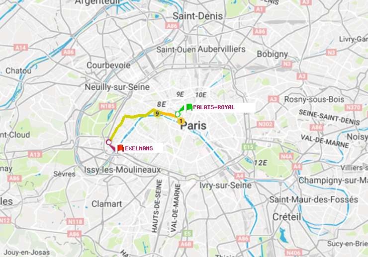 plan itinéraire ratp de Palais-Royal (Musée du Louvre) à Exelmans