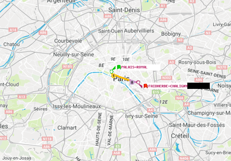 plan itinéraire ratp de Palais-Royal (Musée du Louvre) à Faidherbe-Chaligny